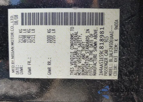 2009 Nissan Maxima 3.5 Sv z USA, uszkodzony, nr VIN 1N4AA51E59C818981